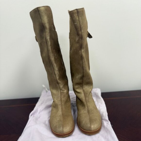 Jimmy Choo Suede Rabbit Fur Lined Gold Boots - Picture 1 of 5